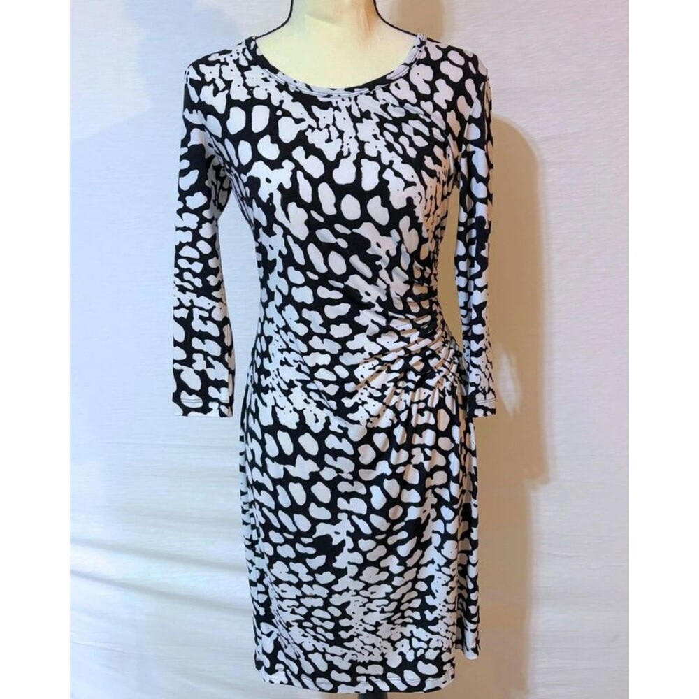 Calvin Klein Black White Animal Print Ruched Dress Size 2 Long Sleeve Work